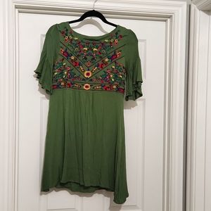 Green Floral Embroidered Dress - Size Medium